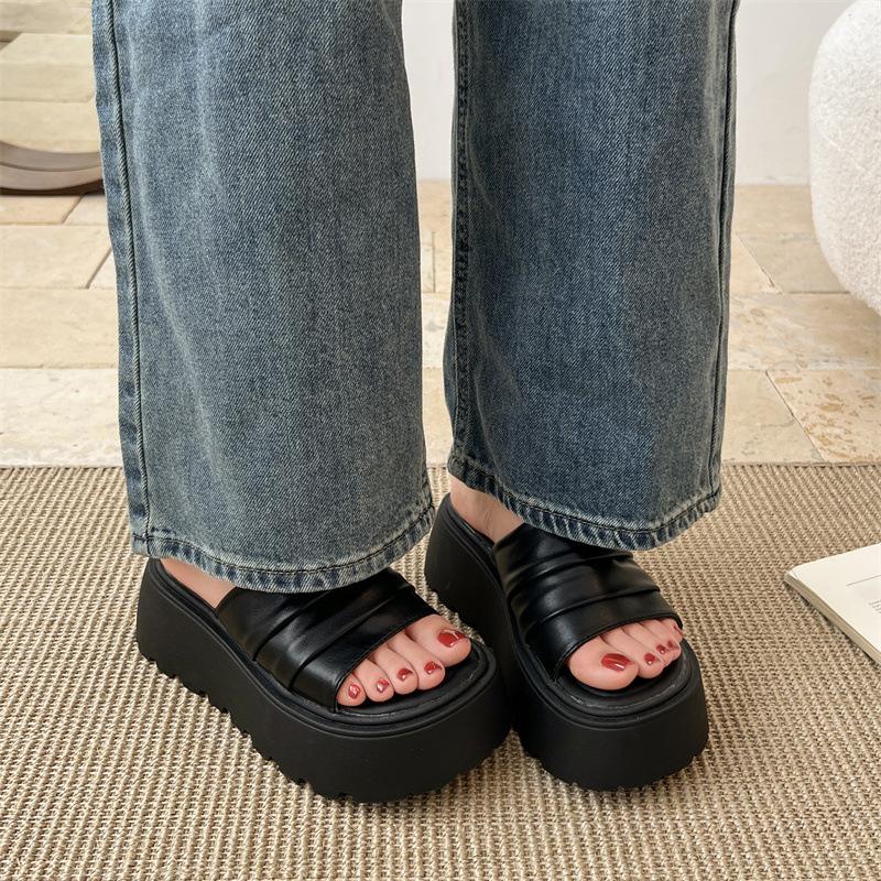 White High-end Thick-soled Heightened One-word Slippers for Women's Summer Wear 2025 New Models with Skirts French Cool Slippers