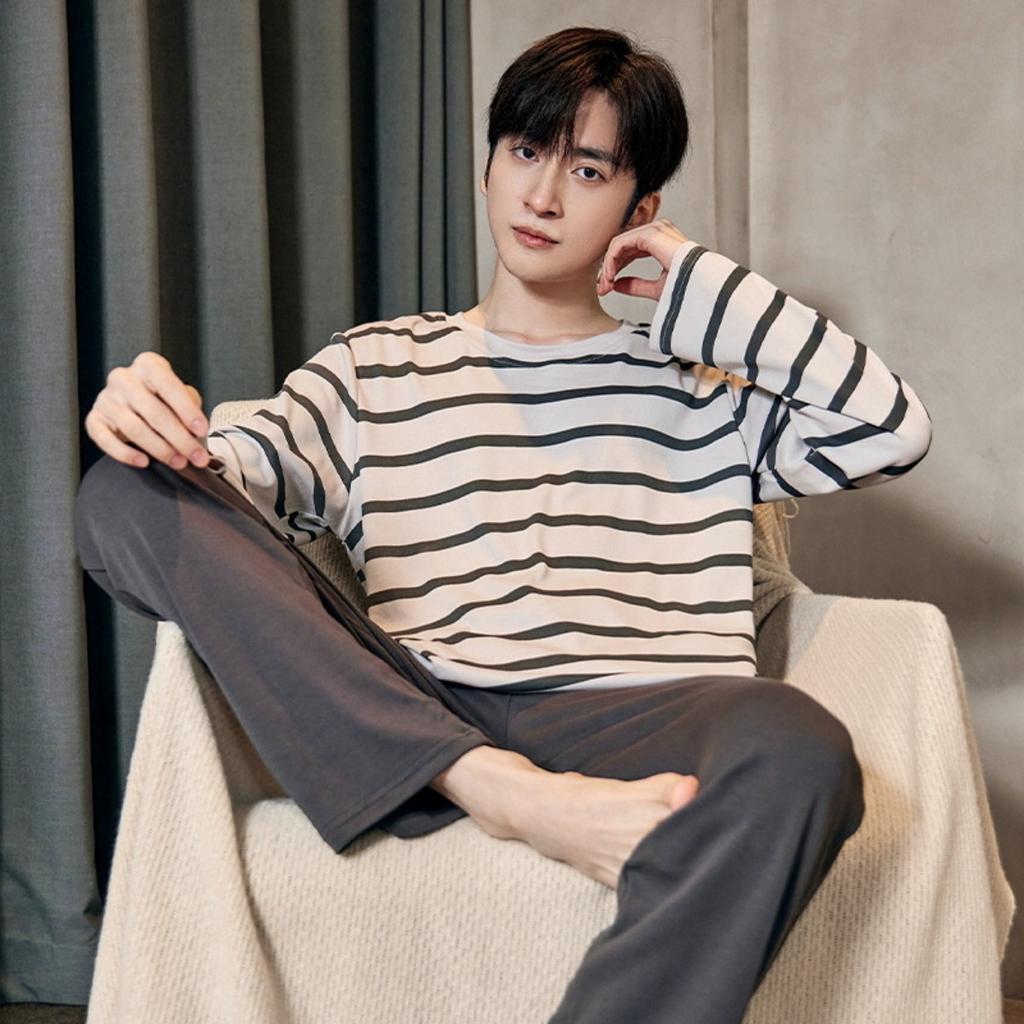 Pajamas Spring and Autumn Men's New Long Sleeve Outable Home Clothes Simple and Casual Large Set