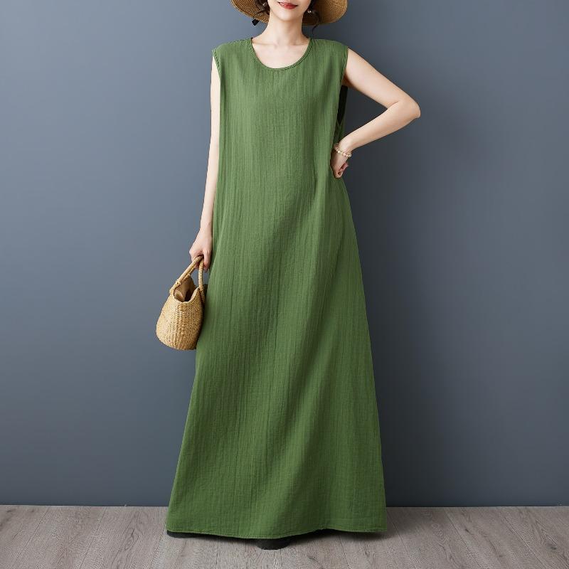 DIMANAF 2026 New Women Plus Size Summer Vintage Lady Long Dress Sleeveless Vest Loose Oversize Maxi Sundress Solid Cotton Linen
