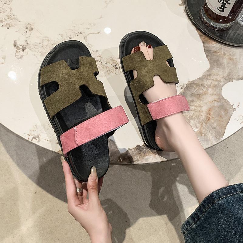 Classic large size slippers women's one-word color matching casual versatile thick-bottomed Velcro fashion beach cool slippers