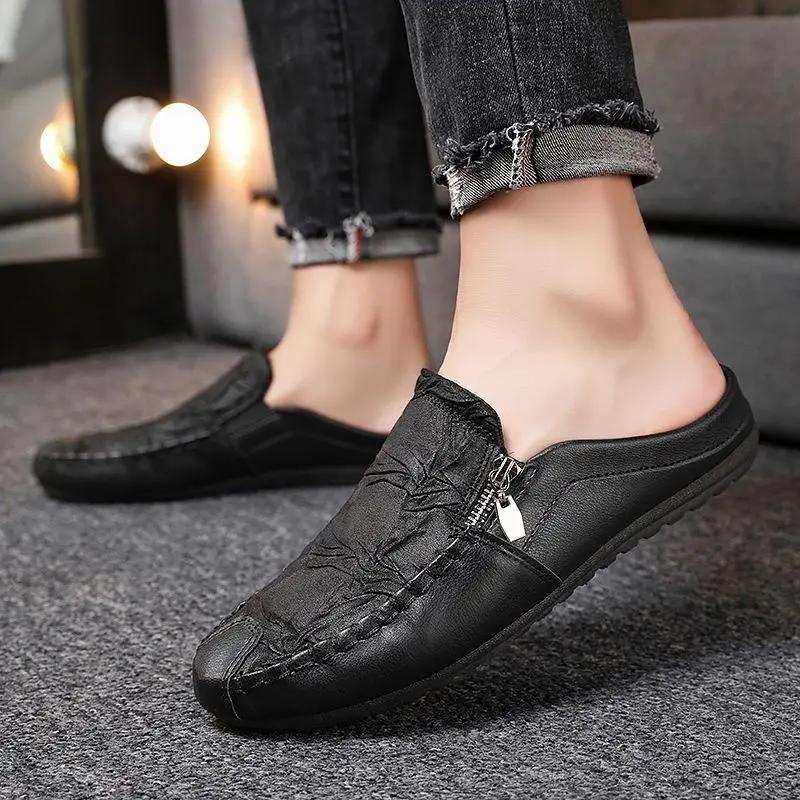 Fashion Slippers for Men Half Soft Leather Designer Luxury Fun Casual Shoes Elegant High Quality Fashion Mascullino Original Sandals Man