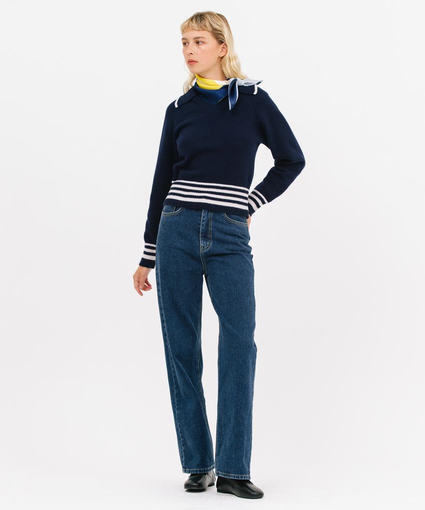 JUN BY JUN K Open Collar Striped Knit_Navy