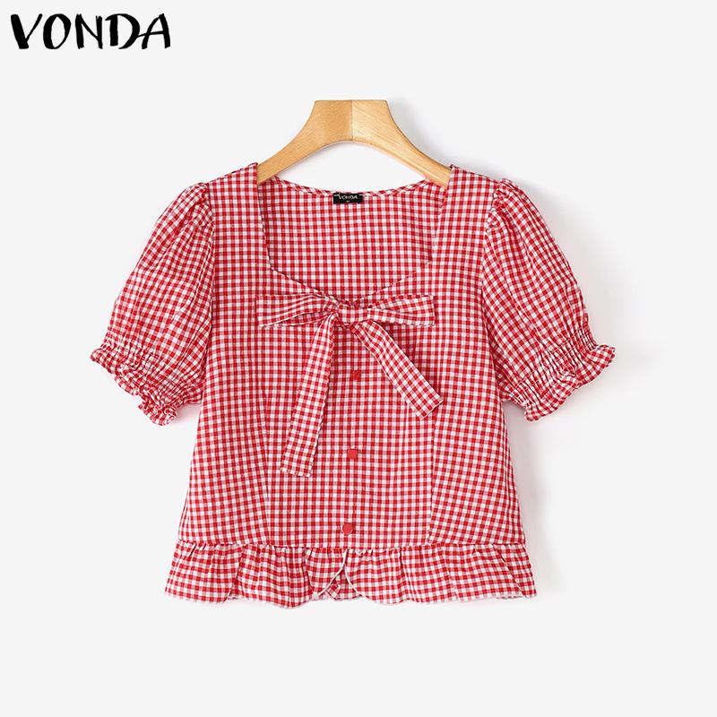 

VONDA Женские летние футболки с квадратным вырезом, короткими рукавами-буфами, бантом и клетчатым принтом 5XL