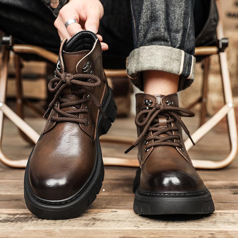 Fashion 2024 New Mens Sneakers Leather High Top Shoes Men Thick Bottom Male Motorcycle Boots All-match Male Comfortable Outdoor Boots