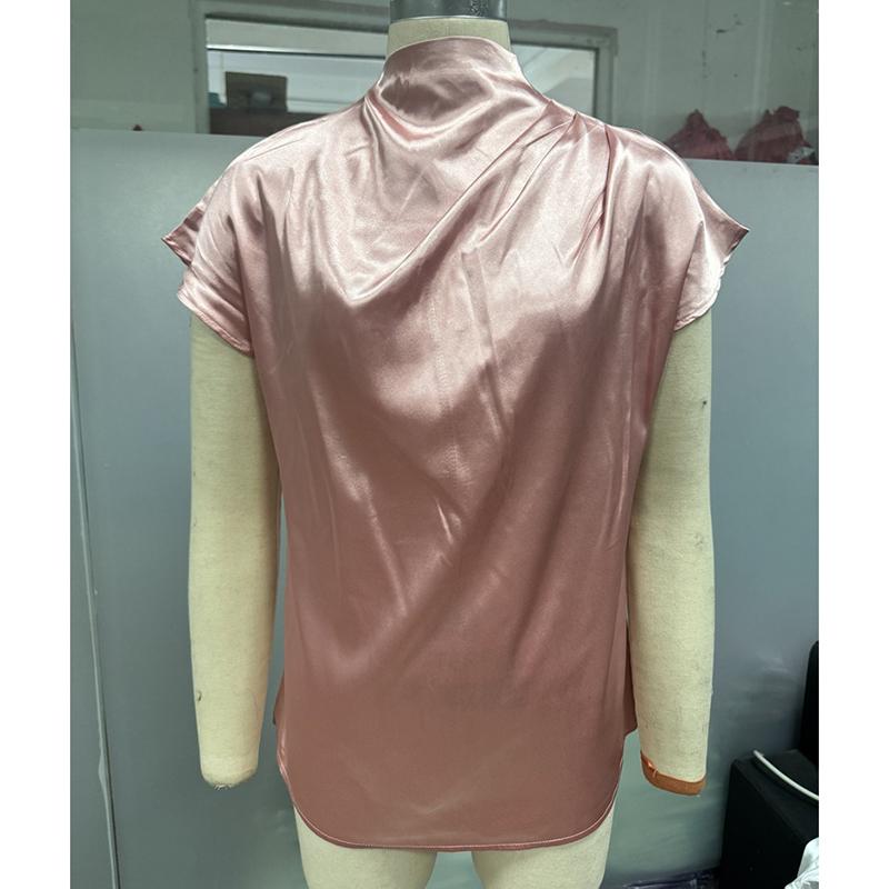 New Summer Round Neck Short Sleeve Pleated Casual Shirt for Women Fashion Elegant Tops Slim Fit Solid Loose Women Blouses Simple Ladies Shirts 26524