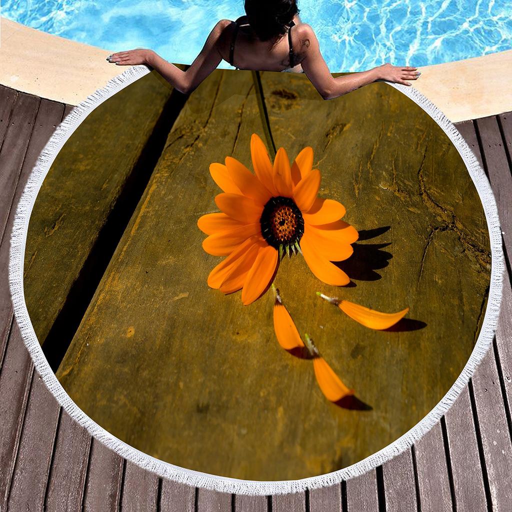 Floral Daisy Round Beach Towel,Microfiber Beach Blanket Sand Free Quick Dry Swim Pool Bath Circle Towel with Tassel for Teen Men