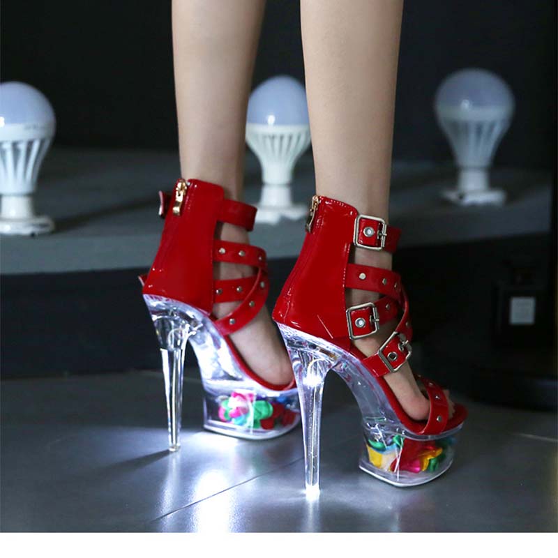Damesko Luminous Rivet Pull ROMAN SANDALS Rasksalg Gjennomsiktige høye hæler 13cm hæl 3cm Plattform LFD