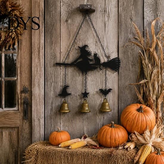 Iron Wind Chime Halloween Witch Broom Chime, Holiday Party Decorative Hanging Bell Metal for Indoor Outdoor Garden Patio Porch Festive