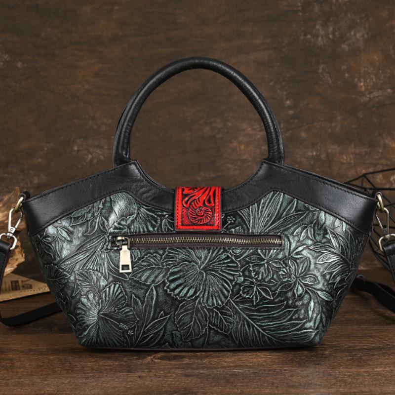 Johnature Genuine Leather Embossed Handbag Handmade Women's Bag Large Capacity Shoulder Crossbody Bag