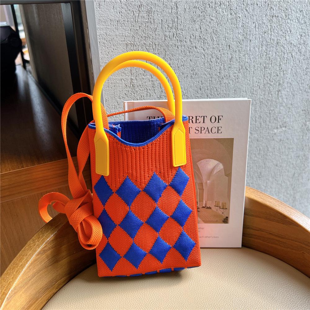 Plaid Cartoon Women's Crossbody Mini Bag: Cute, Lightweight, Knitted Phone Holder for Parent-Child Matching (2024)