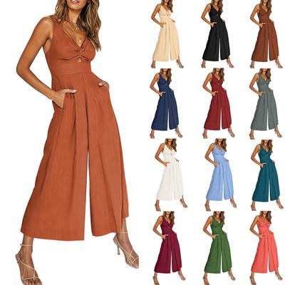 Roupa de Trabalho Feminina Macacão Decote V Vazado Casual Solto Sem Mangas Roupa de Trabalho Macacão Calças Largas Terno Com Bolsos