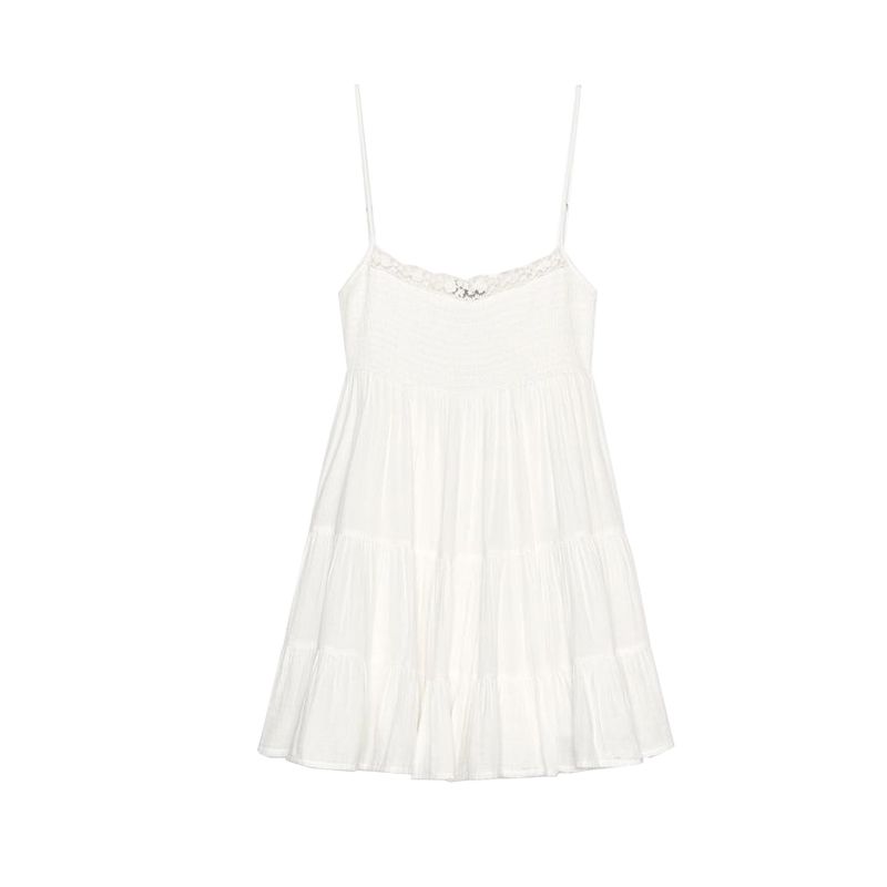 Summer New Product Women's Clothes Minimalist Straight Collar Sleeveless Patchwork Lace Decorative Tulle Short Dress 0881319