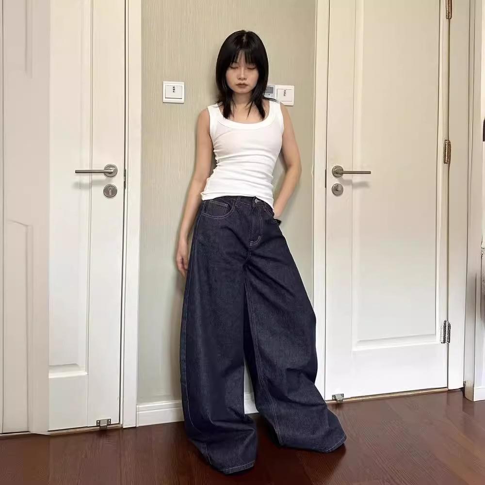 Casual Korean Jeans Women Streetwear Wide Leg Pants Bottms High Waist Straight Denim Trousers