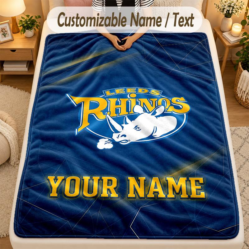 Flannel BlanketLeeds Rhinos Custom Name Text Personalized Soft Warm Throw Blanket Home Decor Gift