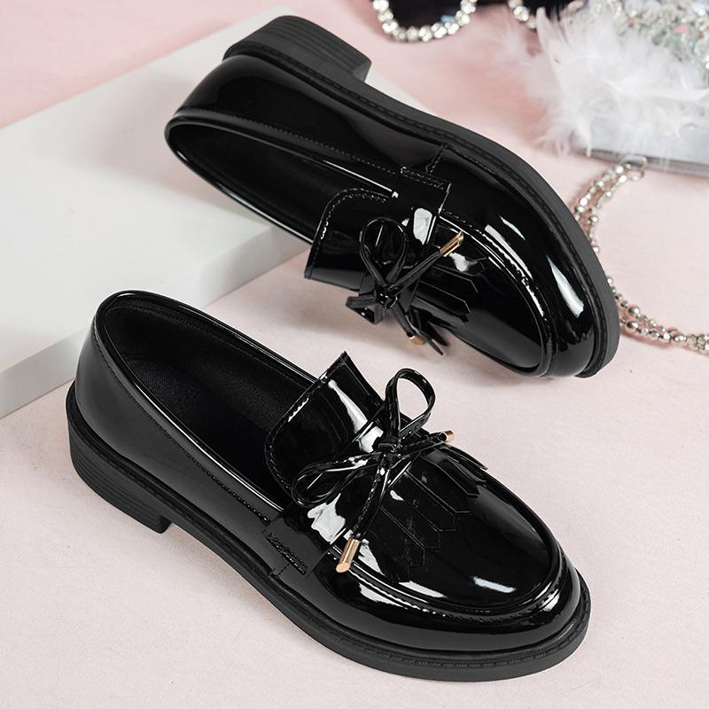 Mode Mode Nœud Verni Ballerines Femmes 2025 Grande Taille Noir Mocassins à Talons Moyens Femme Confortable Chaussures Simples à Enfiler Féminines