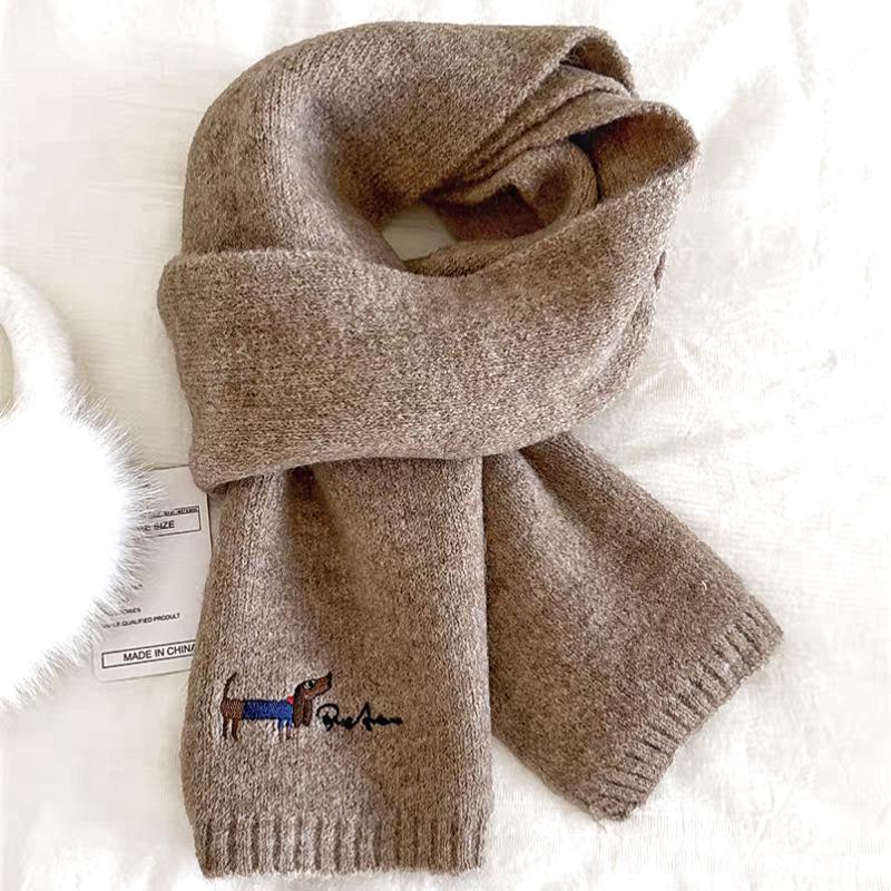 Korean Style Thickened Winter Puppy Embroidery Scarf - Warm, Versatile, Windproof Shawl for Women
