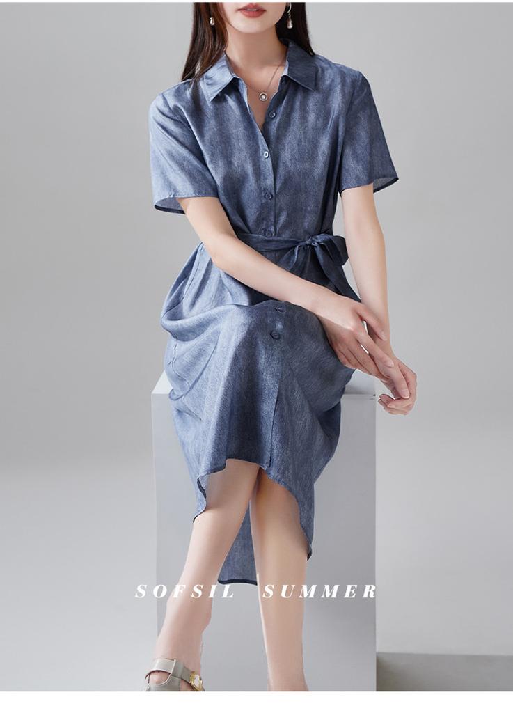 100% Mulberry Silk Printed Lace Up Shirt Dress, 2026 Summer Slimming Mid Length Silk Dress