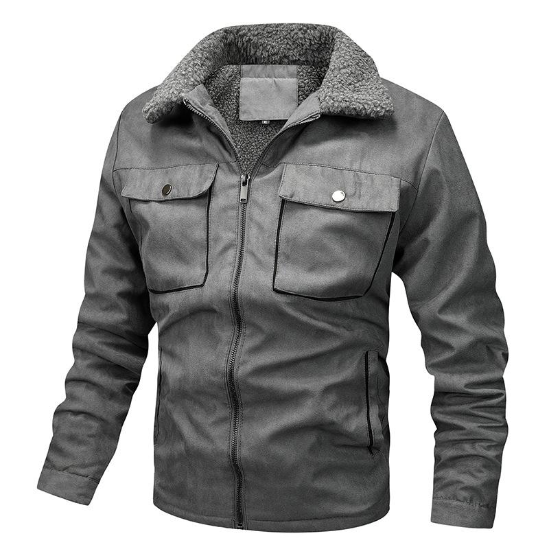 

Men s Spring Autumn Outdoor Warm Fleece Lined Jacket Loose Casual Faux Leather Jackets Windproof Men s Coat Snaps Working Jacket with Multi Pockets XL серый