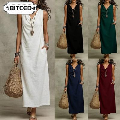 Fashion Summer Spring Solid Color Print Sleeveless V-Neck Casual Dresses