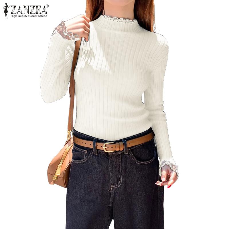 ZANZEA Damen-Pullover mit Stehkragen, langen Ärmeln, Spitzen-Patchwork-Stretch-Rippstrick, Unterhemden