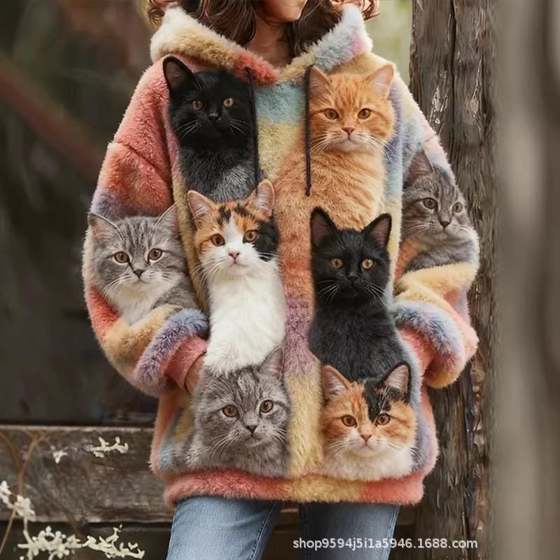 Womens Fleece Hoodie With 3D Cat Print Long Sleeve Thick Warm Sweatshirt Street Style Winter 2025
