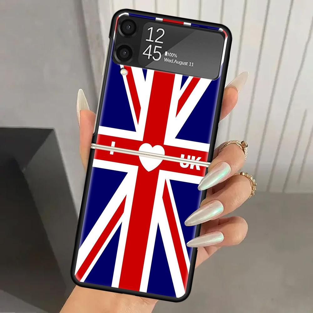 Union Jack England UK Flag Hard PC Phone Case For Samsung Galaxy Z Flip 7 6 5 4 3 Black ZFlip7 ZFlip6 Flip5 Flip4 Flip3 5G Print