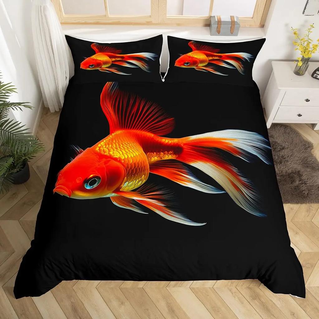 Goldfish Bedding Set Fantasy Yin Yang Fish Duvet Covet Cherry Blossom Flowers Theme Blue Sea Wave Breathable Bedding Set