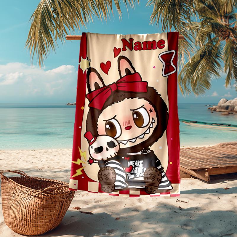 Custom Name Ultra-Soft Beach Towel with Labubu Theme,Ideal for Pool - Camping, Diving - Perfect Travel Essential, Vibrant Beach Towel.