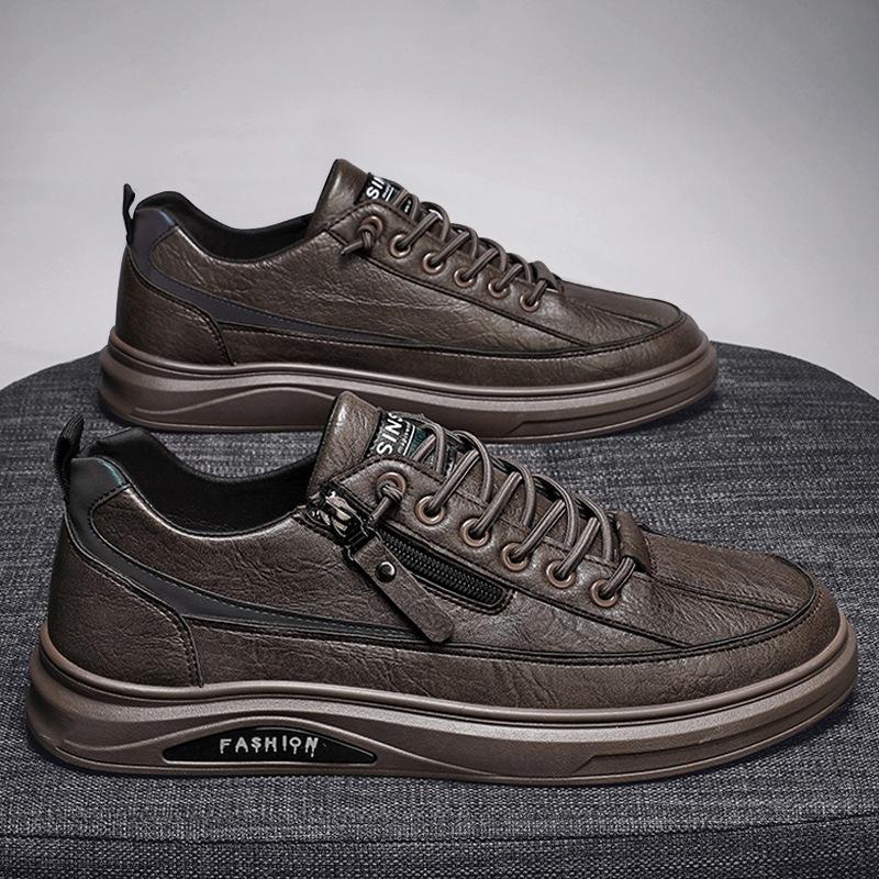 2024 Leather Casual Men Shoes Zipper Platform Fashion Designer Luxury Four Seasons Retro Low Top Outdoor Walking Male Sneakers