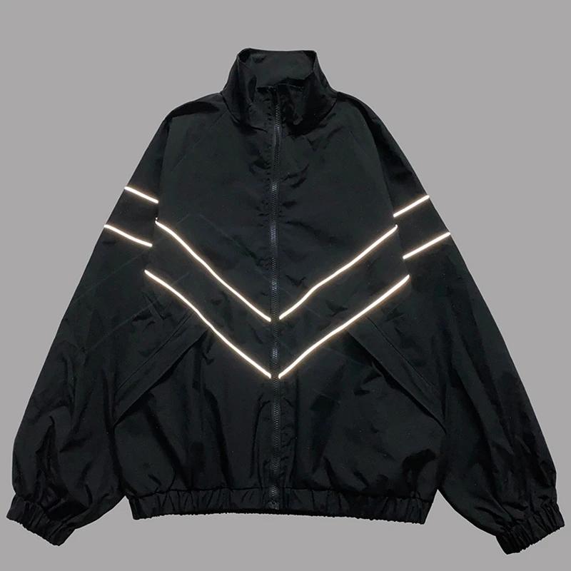 Jachete hip hop cu dungi reflectorizante pentru bărbați, Harajuku, cu fermoar, patchwork, îmbrăcăminte de vânt, ocazional, largi, varsity, unisex, albastru
