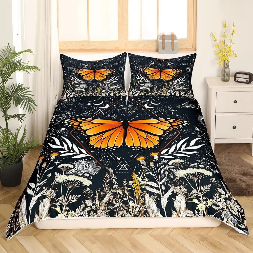 Death Moth Duvet Cover Set King Queen Full Twin Size Galaxy Sun and Moon Polyester Comforter Cover Boho Gothic Skull Bedding Set