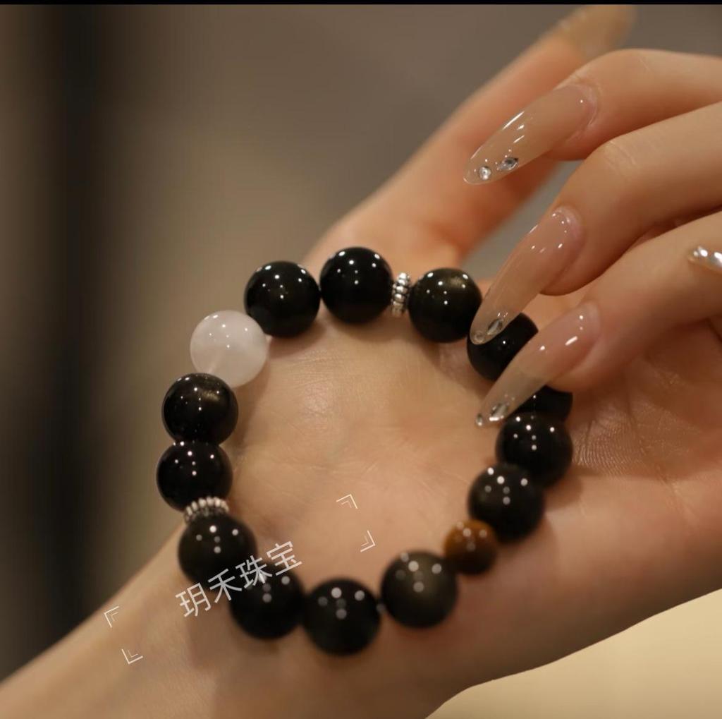 Phantom Obsidian Snowflake Crystal Bracelet - Minimalist Black & White Design