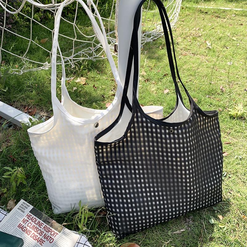 Simple Plaid Canvas Bag Female Single Shoulder Summer Literary Large Capacity Bag