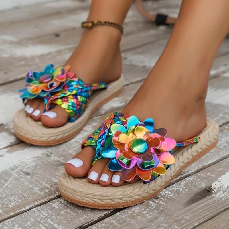 Fashion 2025 Summer Women Slippers Casual Shoes Flat Vacation Holiday Braided Floral Pattern Slippers Toe Post Beach Flip Flops Slides