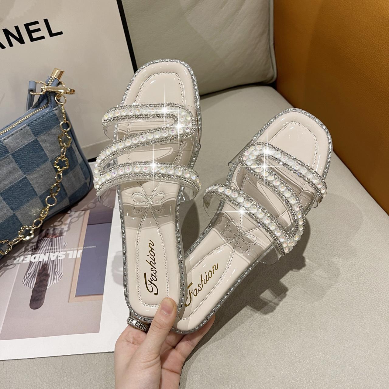 

Slippers women s summer wear new fashion rhinestone flat bottom sandals tide 43 бежевый