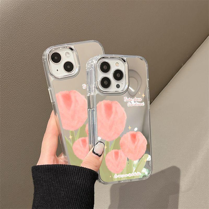Girl Heart Tulip Painted Mirror Applicable iPhone17 Mobile Phone Case 16Pro Niche x Apple 14 All-Inclusive 15