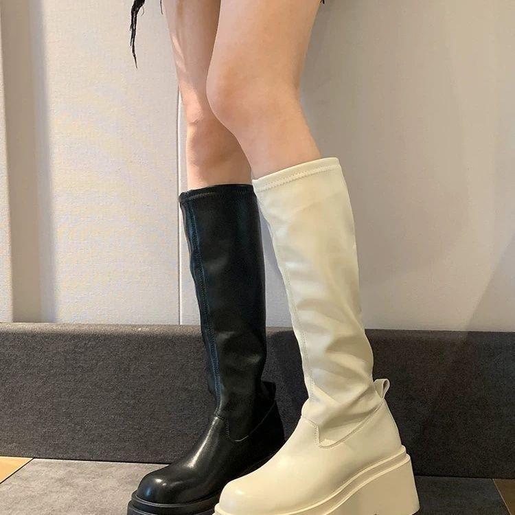 Dámské nové dlouhé boty Podzimní platforma Maillard vysoké boty Černé střední boty