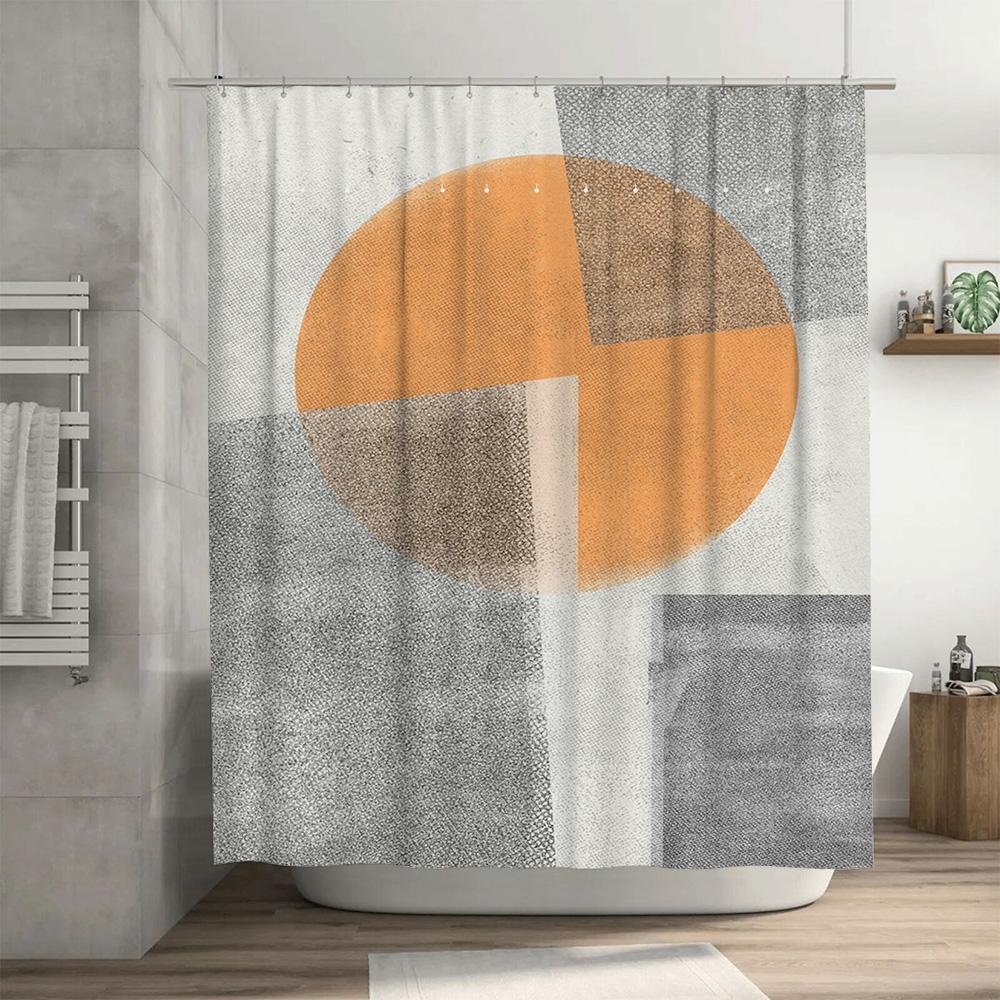 Modern Bathroom Shower Curtain featuring Geometric Design with Neutral ColorsOrange, Grey White Decorative Fabric Shower Curtain