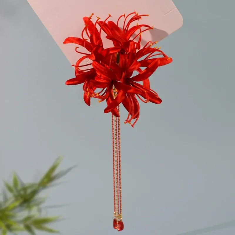 

Chinese Hanfu Hair Accessories Red Flower Long Tassels Hair Clip Hairpins Barrettes Vintage Dress Accessories Headwear Jewelry
