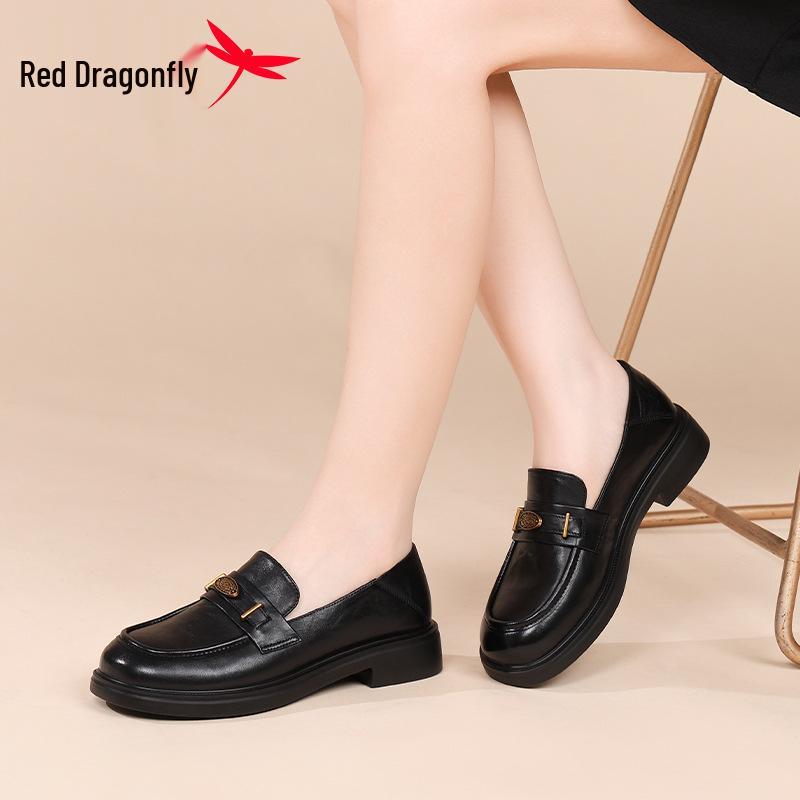 Red Dragonfly Black Genuine Leather Women's Slip-on Loafers - Comfortable British Style Spring/Autumn Shoes with Soft Sole.