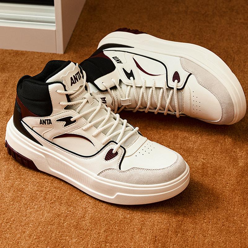 ANTA Men Classic Casual High Top Skate Shoes Off White Black Burgundy 912448082-2