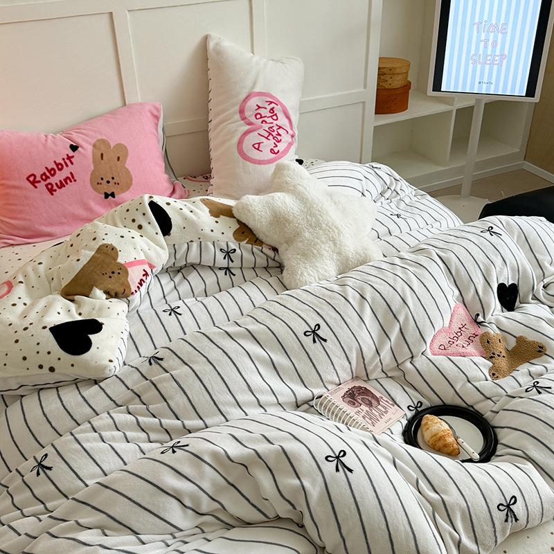 Love Cute Pet~ Thickened Milk Fleece Towel Embroidered Striped Love Rabbit Bed Four-Piece Coral Fleece 1.5 Meters