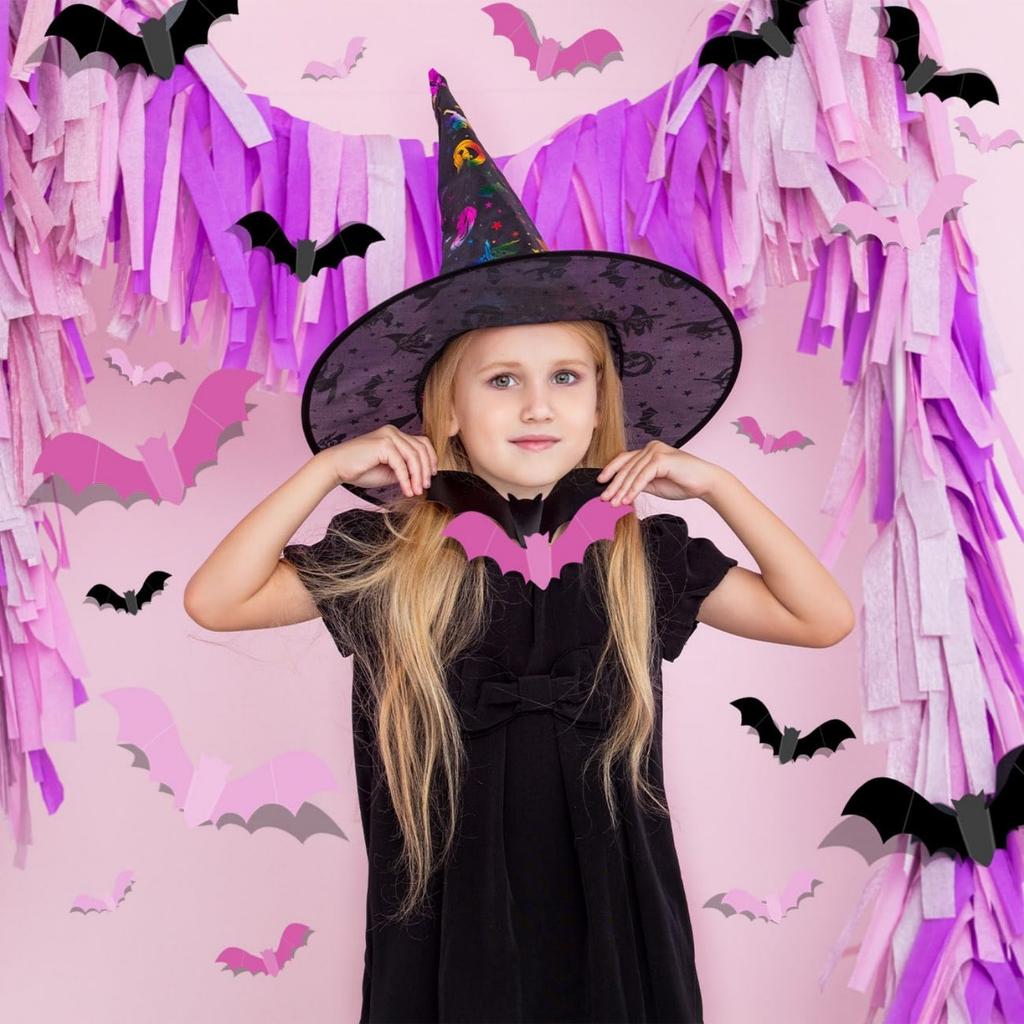 48pcs Pink Halloween Decor Three Colors Bat Decor Halloween DIY Wall Decor for Bathroom Indoor Cute Halloween Party Decorations