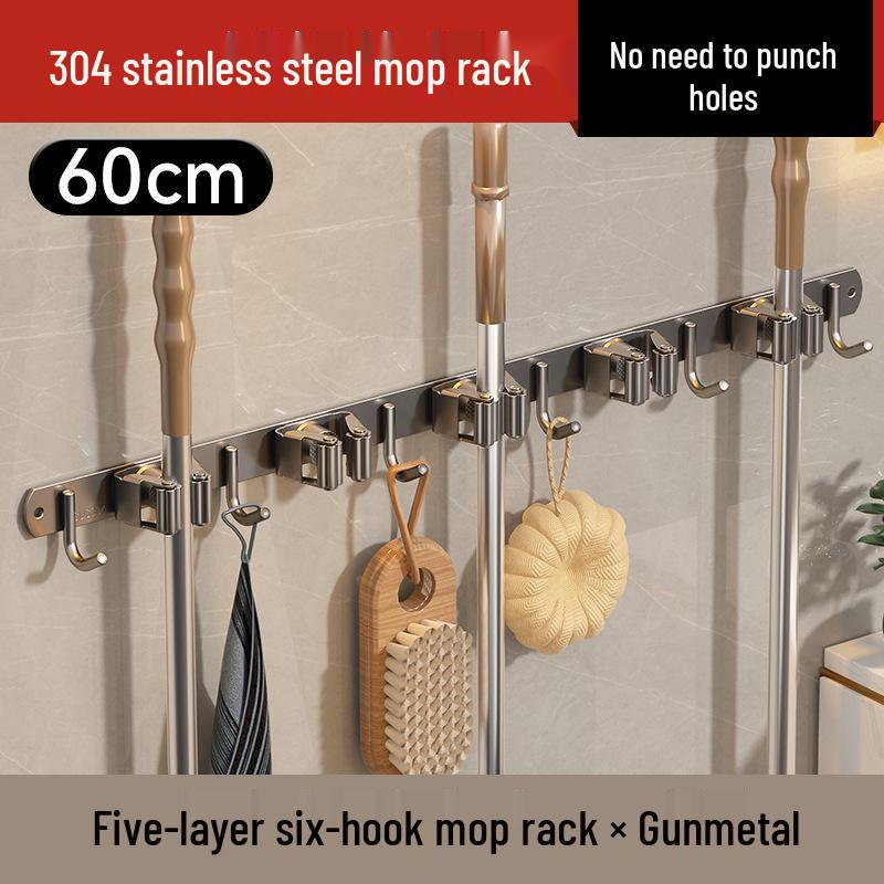 Stainless Steel Seamless Mop and Broom Storage Rack for Bathroom/Balcony Hook