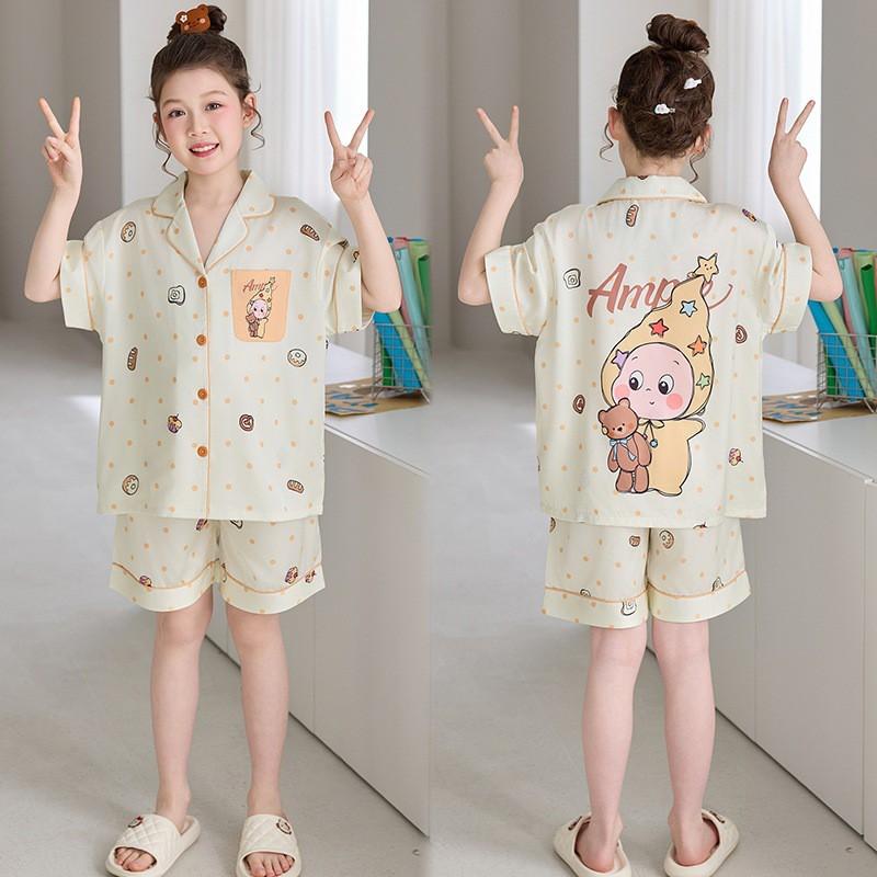 2026 Girls Ice Silk Pajamas Short Sleeve Cartoon Print Lightweight Sleepwear Ages 8