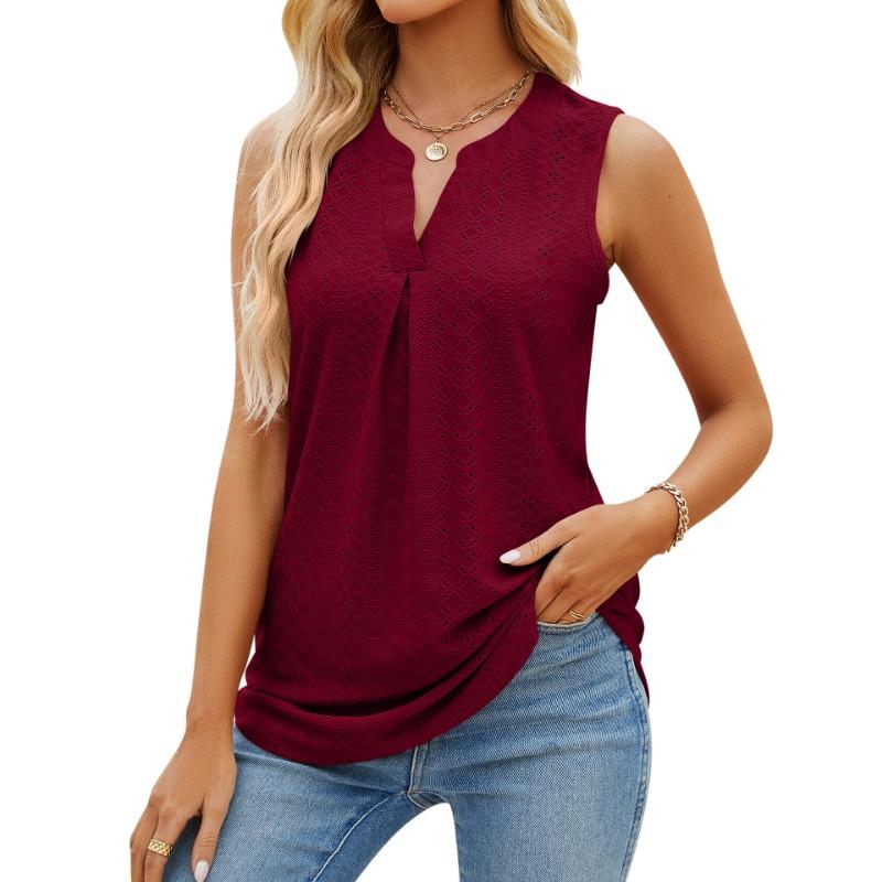 Women Solid Color V Neck Sleeveless Perforated Loose Casual Summer Tank Top