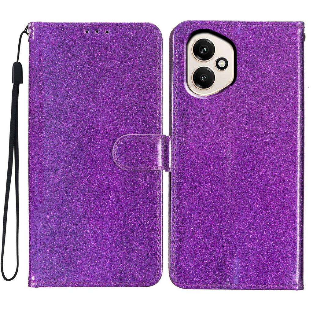 Für Honor 400 5G (Global) Glitzernde Kratzfeste Leder-Ständer-Handyhülle mit Riemen