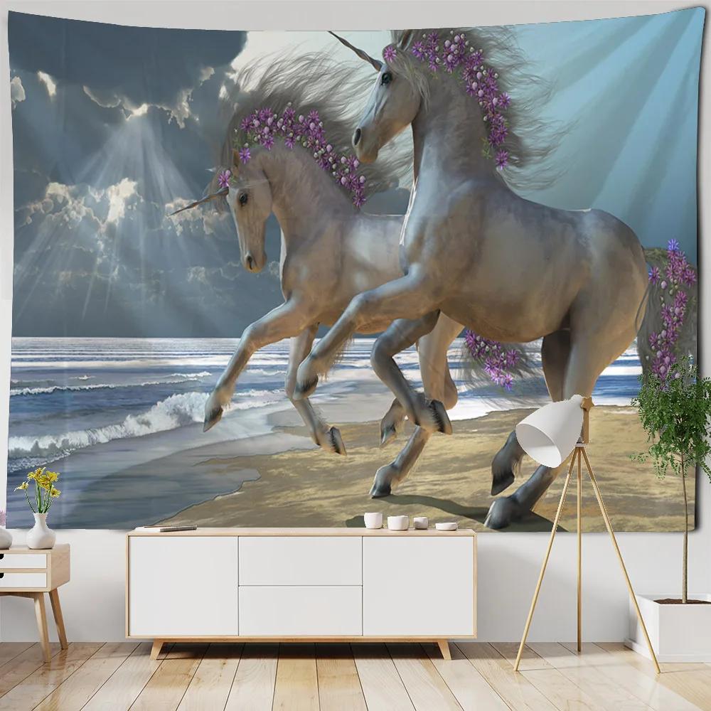 Animal Art Tapestry Room Background Fabric Unicorn Sea View Print Wall Hanging Living Room Bedroom Background Wall Decoration