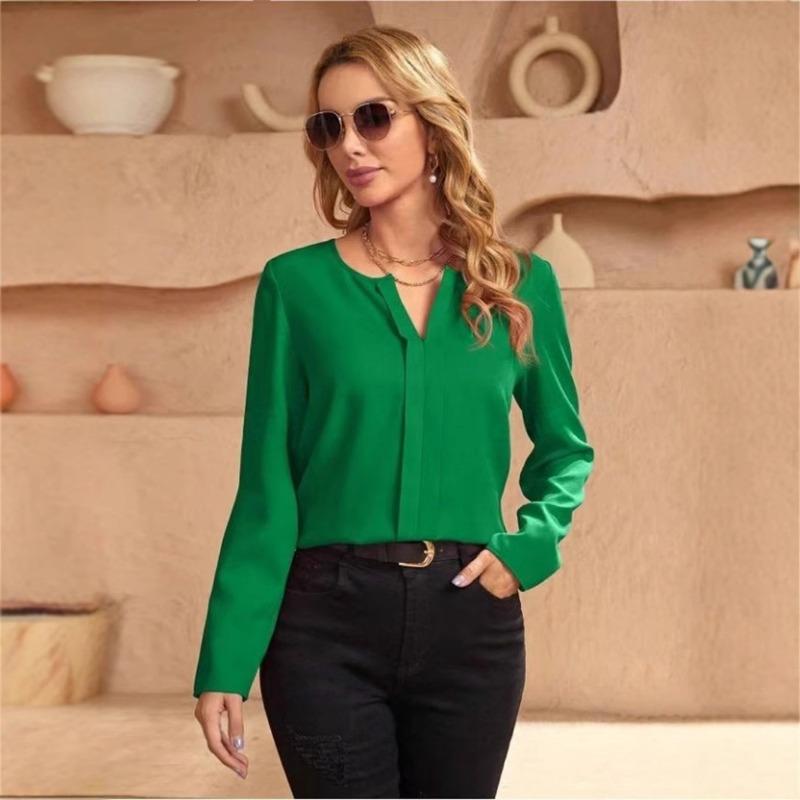 

European American Denim Tops for Women Spring Summer New Satin Imitation Silk Shirts S зелений