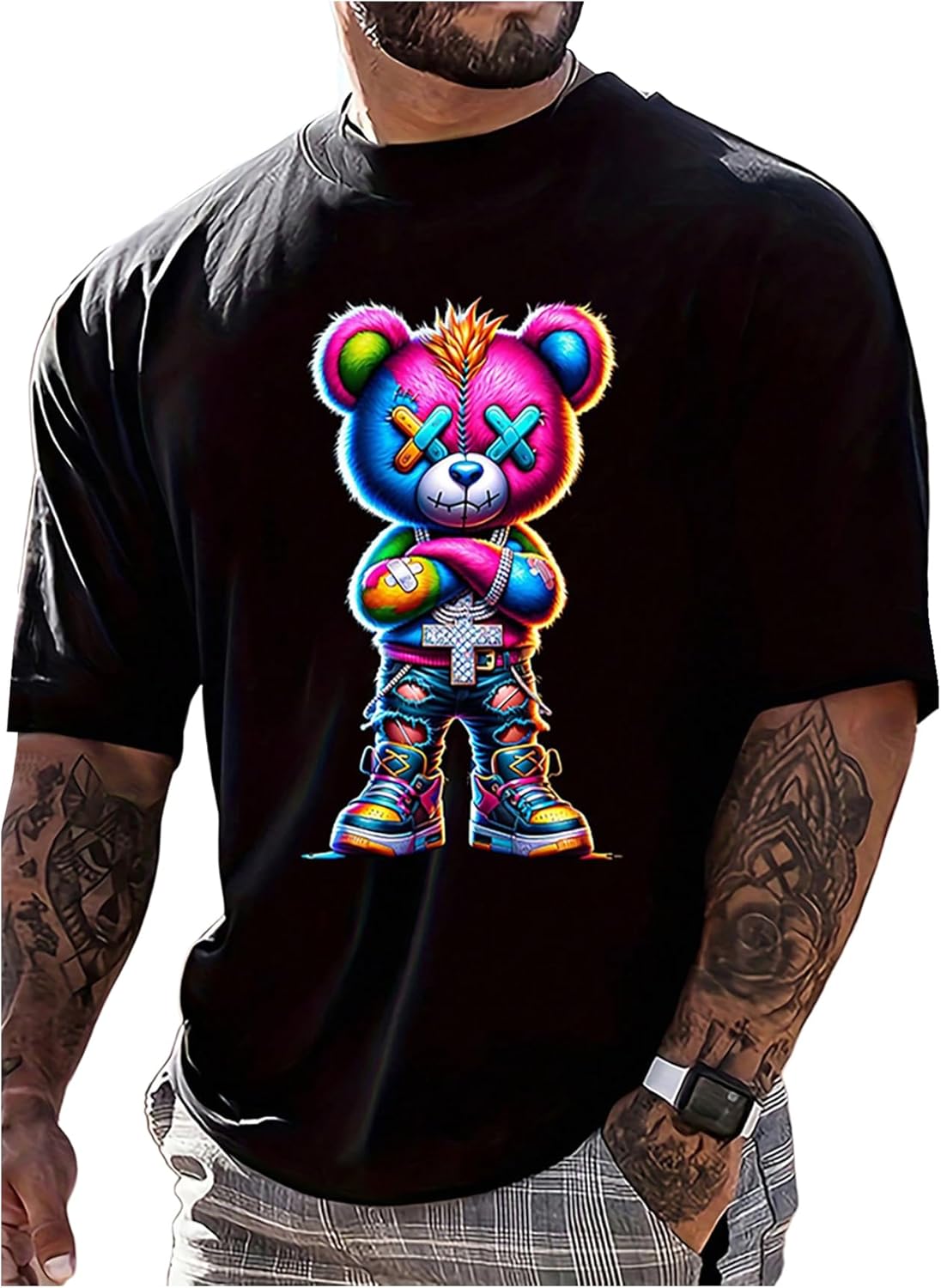 Men s Cartoon Bear Graphic Tee Shirts Short Sleeve Crew Neck Cool T-Shirt Tops XXXXL